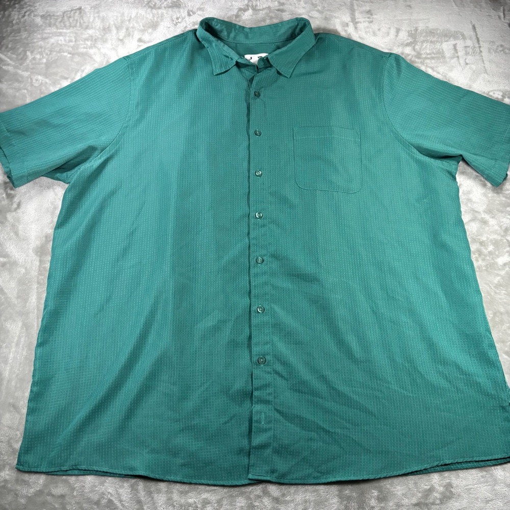 HB Mens 2XLT Short Sleeve Button Down Shirt Teal Green Textured Grid Pocket